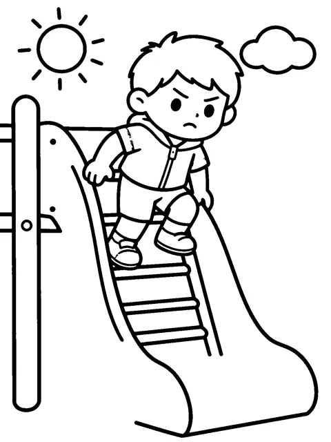 Coloring page: Leo bravely climbing a tall slide