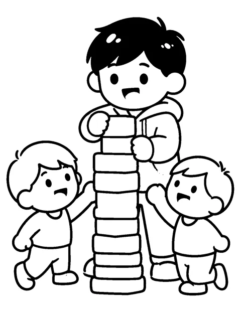 Coloring page: Leo building a block tower with friends
