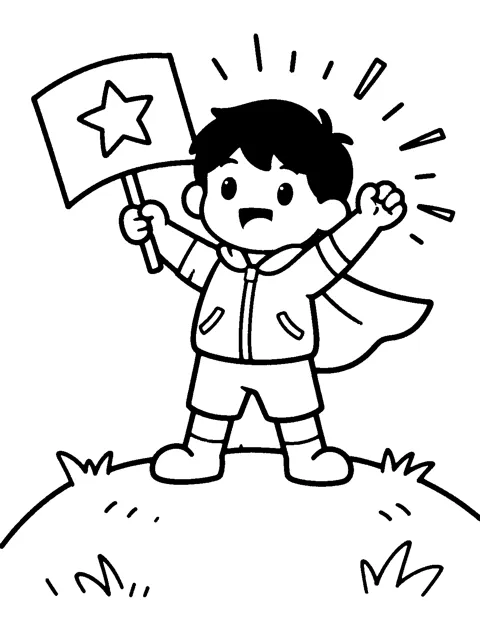 Coloring page: Leo holding a star flag on a hill